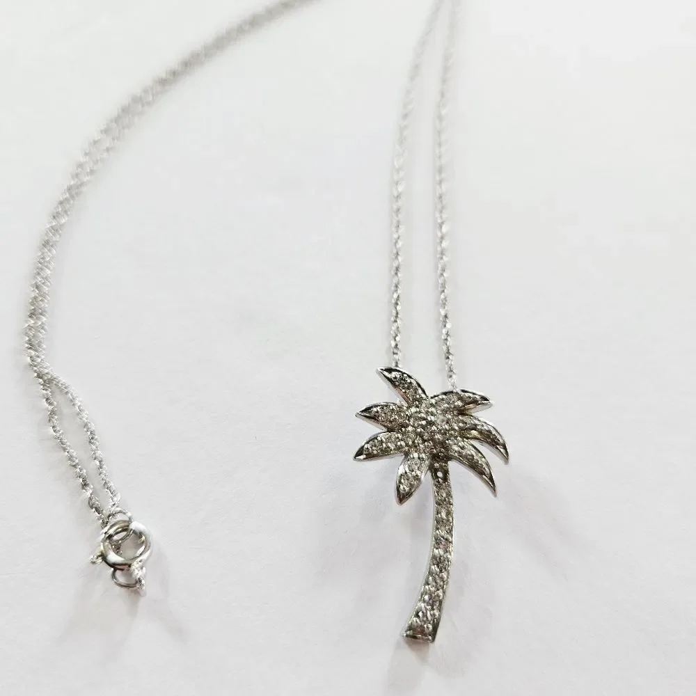 Fine Arts Silver FAS 925 Sterling Silver Simulated Diamond Palm Tree Necklace